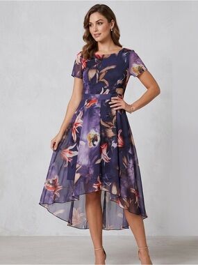 HuiMei Flared Dress size M New with Tags Asymmetric Hem Summer Chiffon Floral